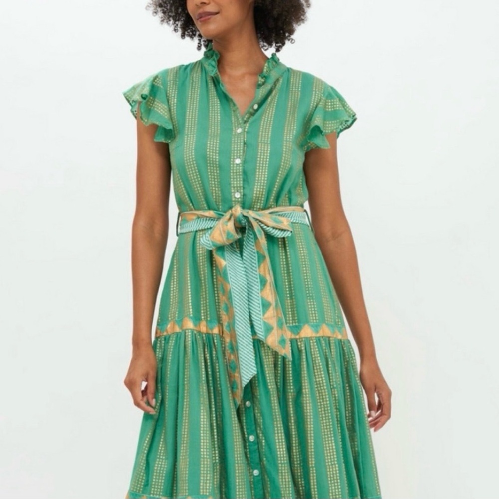 Oliphant Green Midi Dress with Gold Stripe & Tie Waist